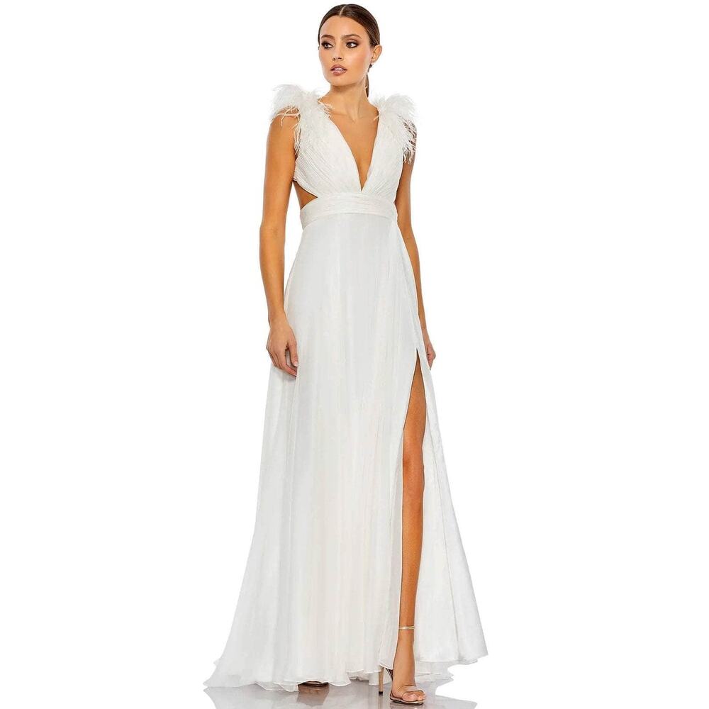 Mac Duggal White Feather-Shoulder Plunging V-Neck Dress